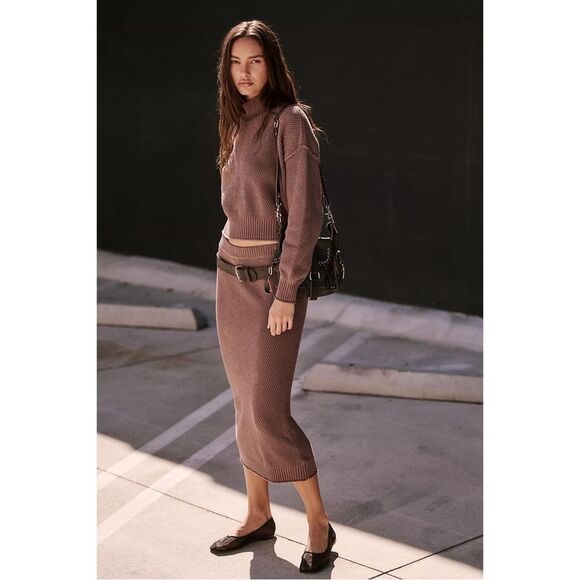 Free People Hailee Sweater Skirt Set M Brown Mock Neck Cropped Pullover Midi - Picture 2 of 13